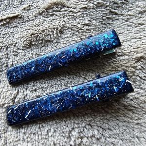 2 Hair Clips Blue Silver Glitter Holo Black Accessories Barrettes Hand Painted